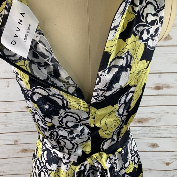 DYVNA Yellow Black Chacha Ruffle Floral Silk Dress - Picture 3 of 10